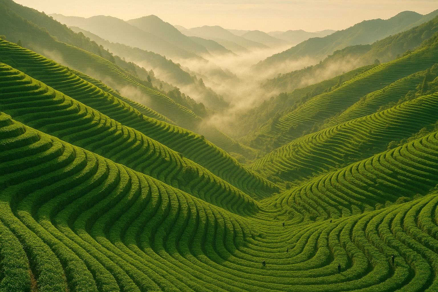 Misty terraced tea gardens at golden hour in a Chinese matcha-producing region