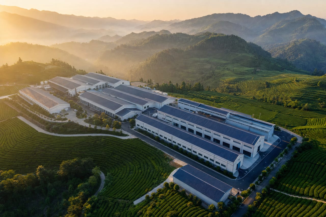 Aerial view of an industrial-scale matcha processing complex in China — surrounded by terraced tea gardens and misty mountains