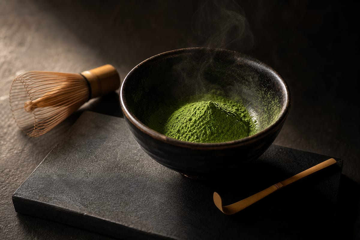 Competition-grade ceremonial matcha in a dark ceramic bowl — limited allocation