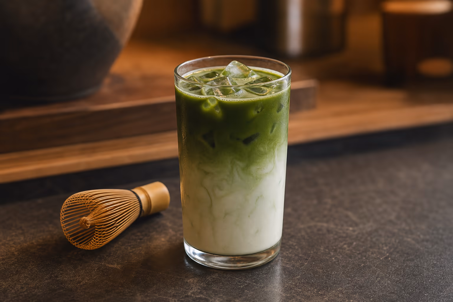 Iced matcha latte beside a bamboo whisk on a dark counter
