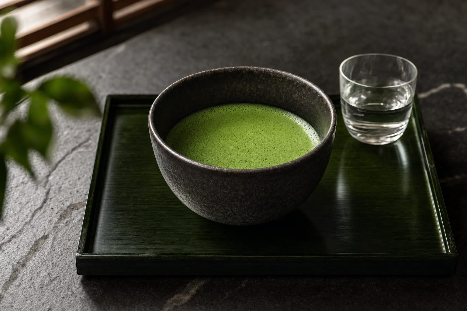Top 9A straight matcha in a dark ceramic bowl